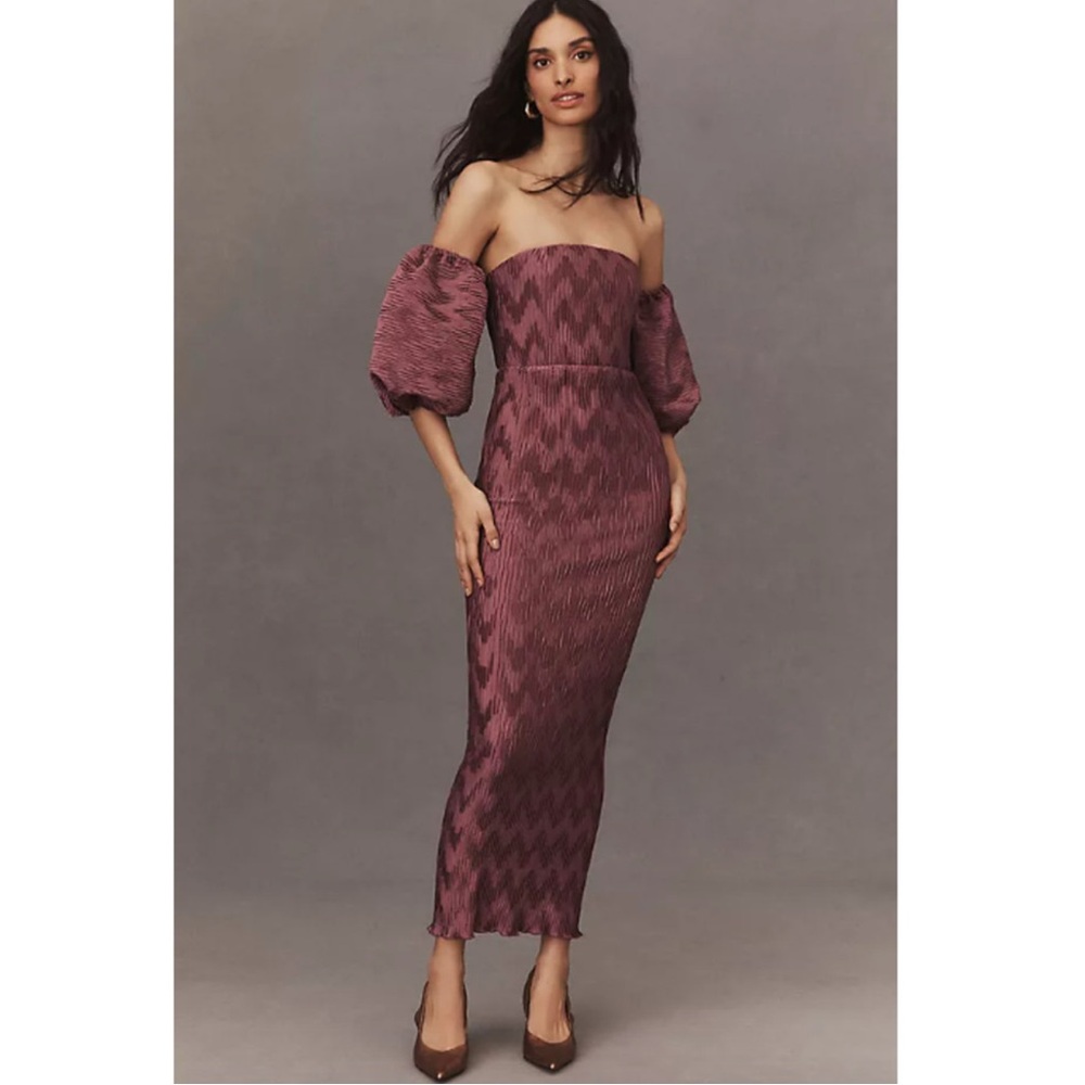 L'IDÉE Du Cap Off-The-Shoulder Puff-Sleeve Pleated Column Midi Dress